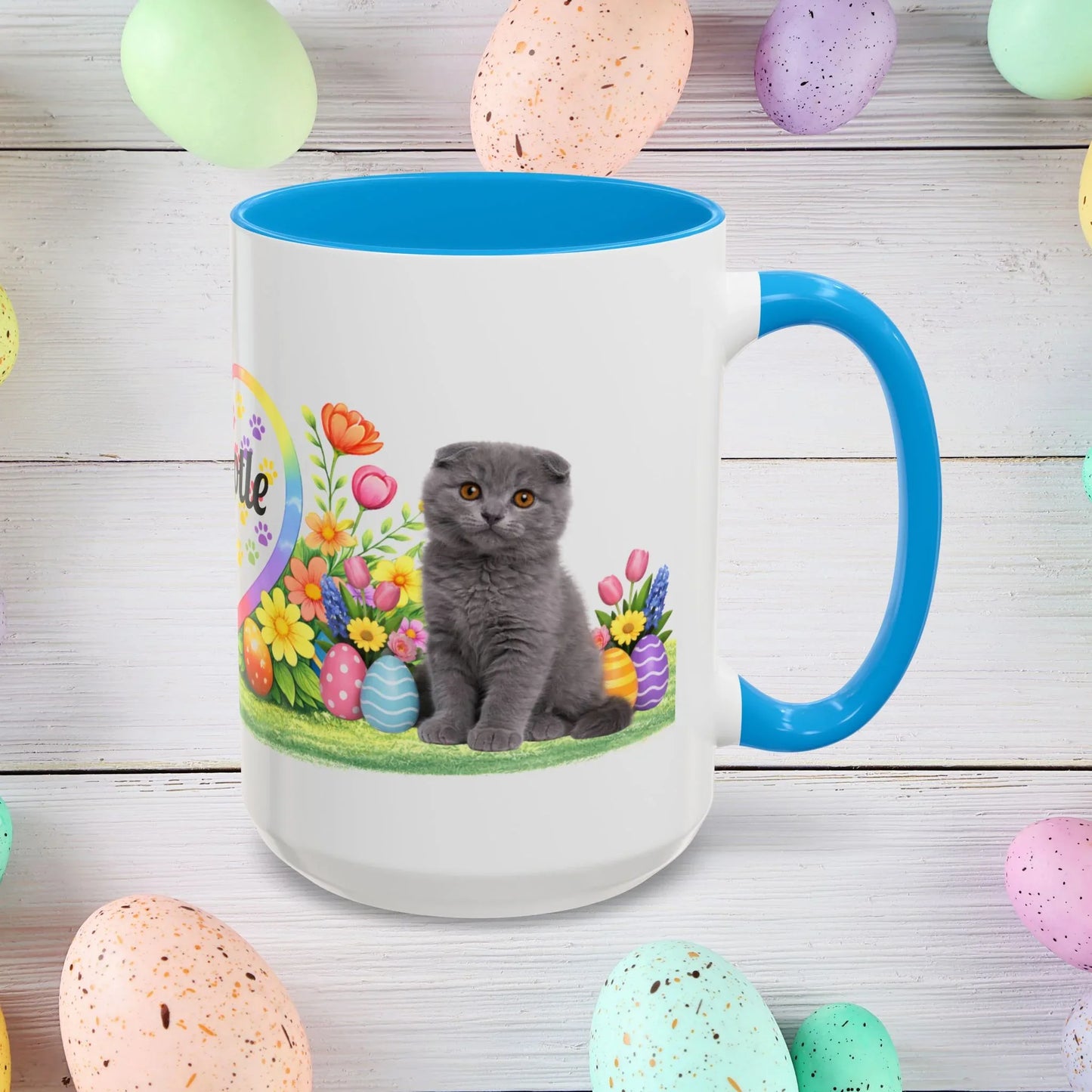 Shop our scottish fold kitten easter mug featuring the 15oz style option from MySisterIsASurvivor.