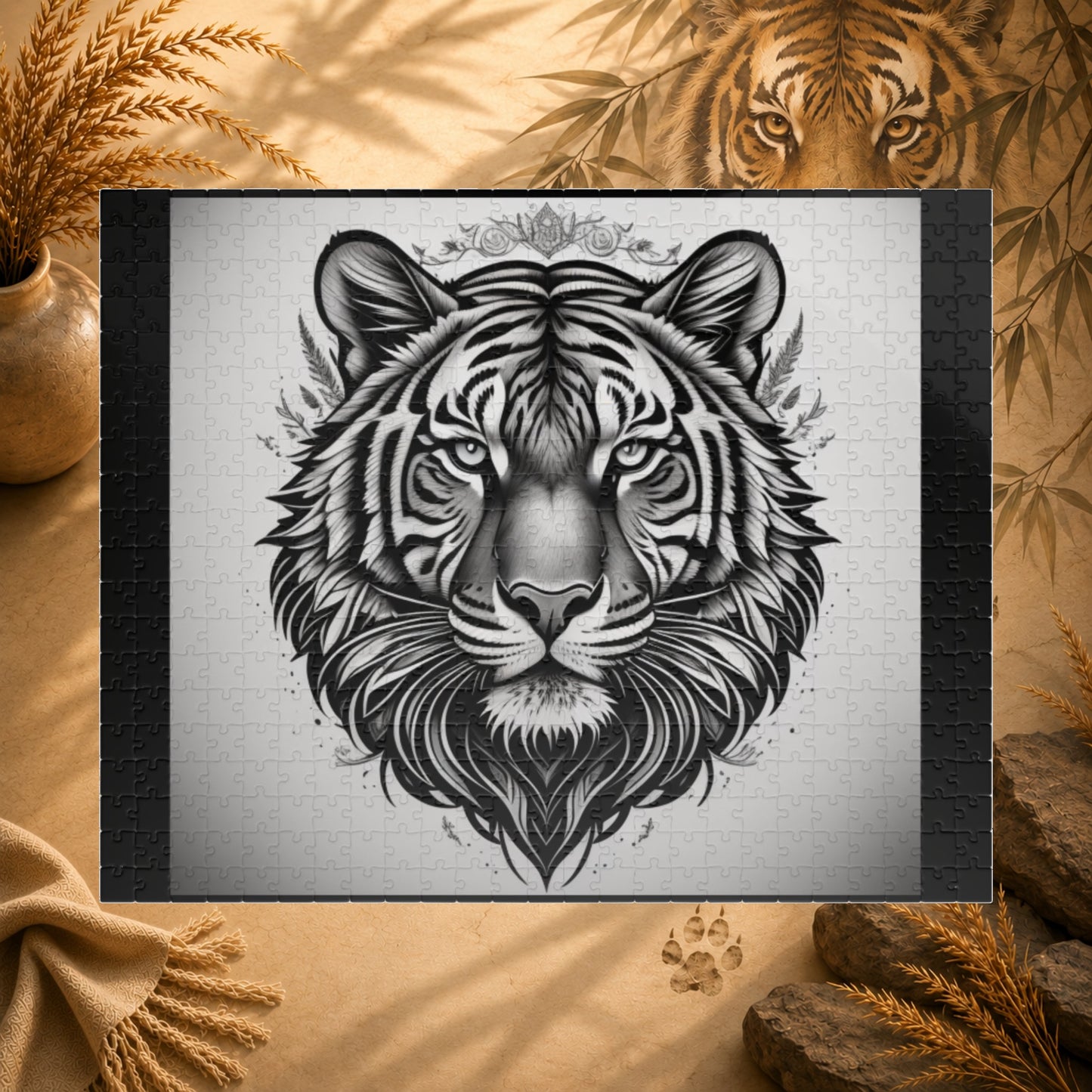 Black and white tiger head design on a textured background