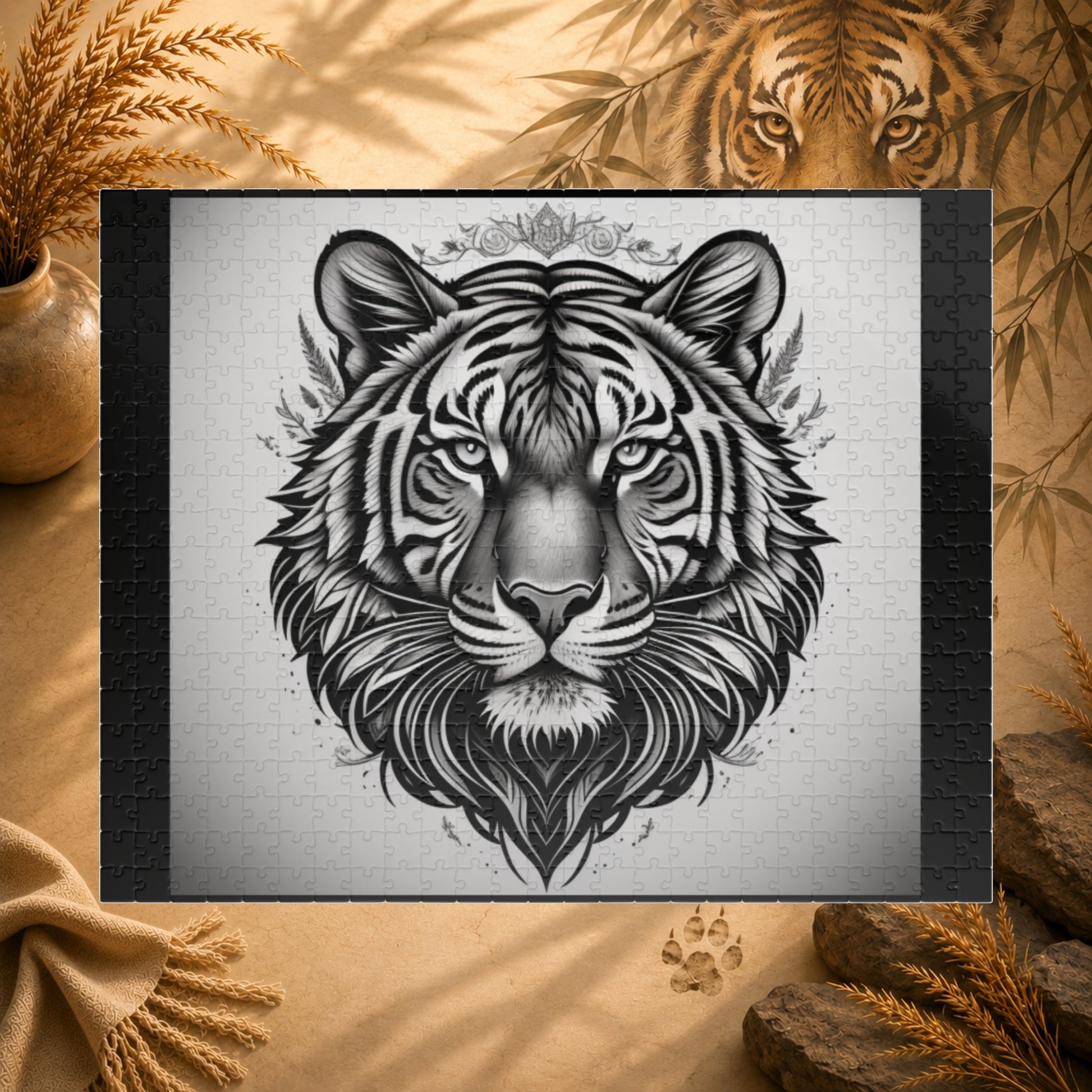 Black and white tiger head design on a textured background
