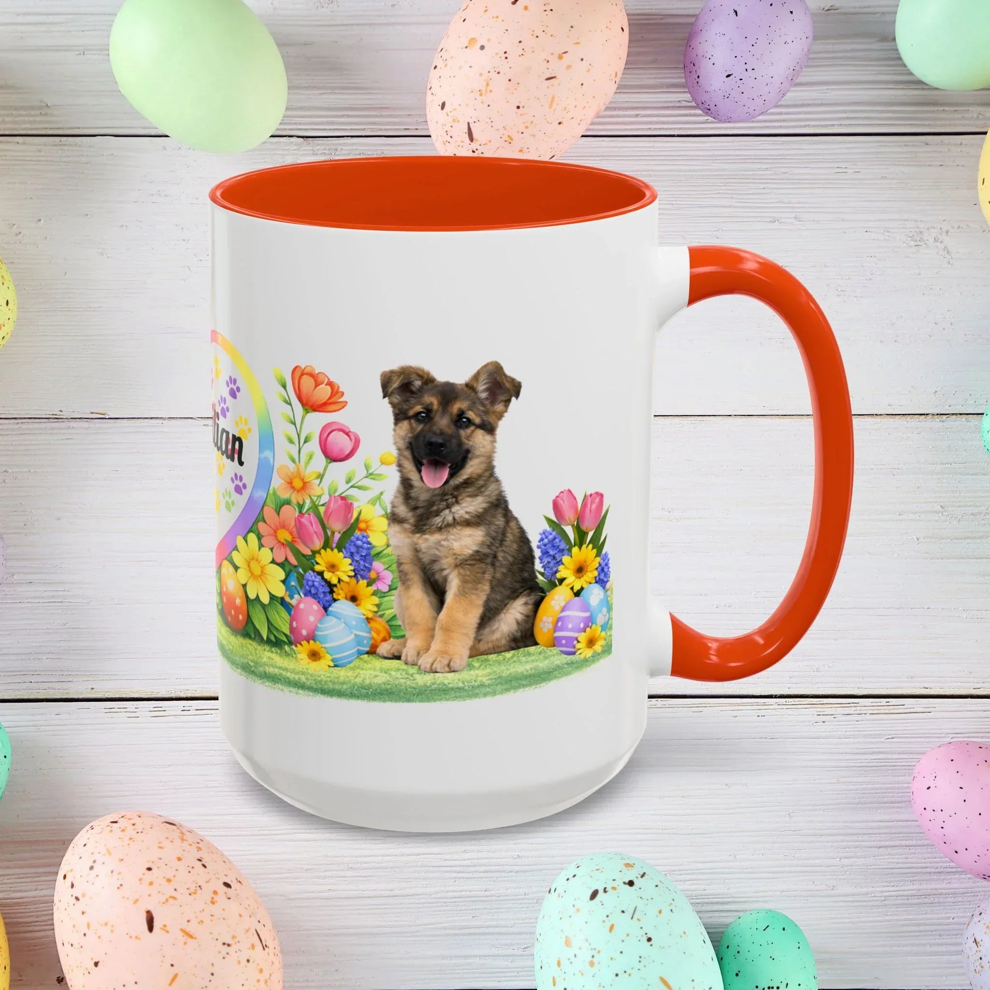 Shop our german shepherd sable puppy easter mug featuring the 15oz style option from MySisterIsASurvivor.