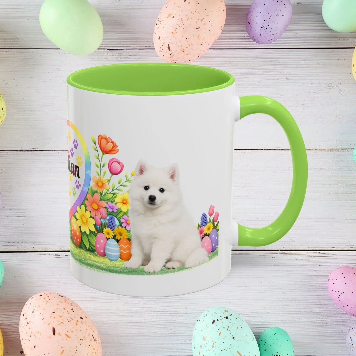 Shop our american eskimo puppy easter mug featuring the 11oz style option from MySisterIsASurvivor.