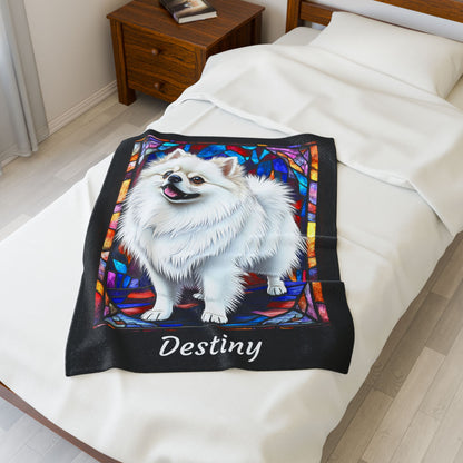 Pomeranian White Coat Blanket, Velveteen Plush Stained Glass Dog Throw, Custom Pet Lover Gift