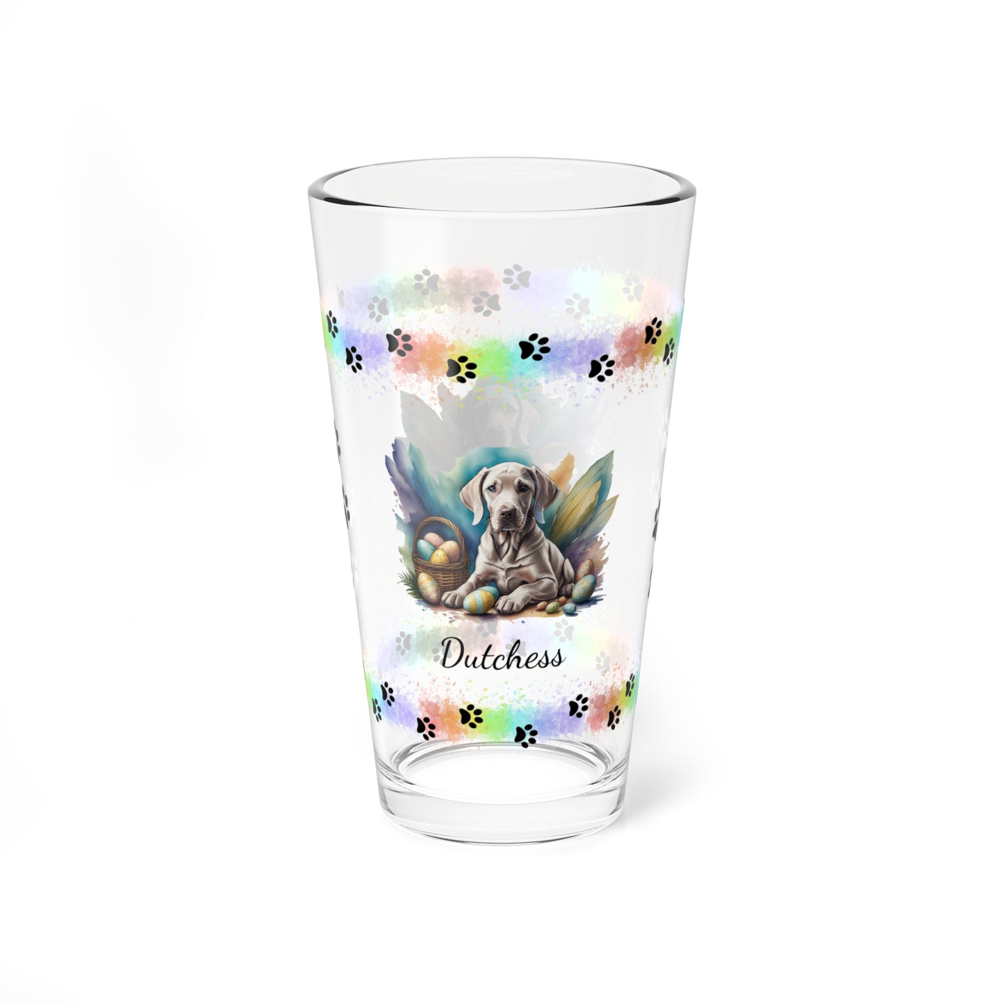 Weimaraner (Taupe) Personalized Easter Puppy 16oz Pint Glass - Custom Dog Design, Mental Health Gift, Easter Décor, and Festive Celebrations