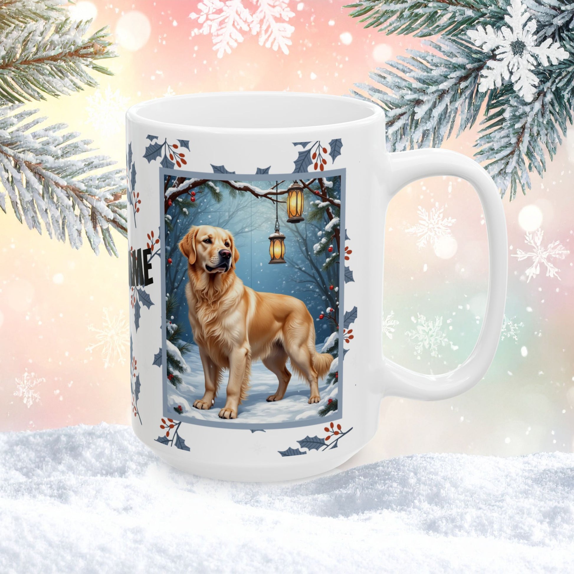 Golden Retriever (Cream) Winter Mug - cream Golden Retriever artwork standing in a cozy winter scene with soft snowfall