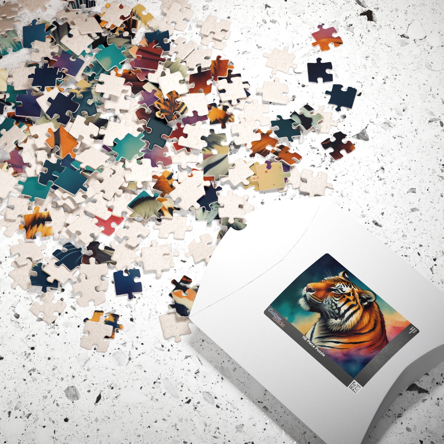 Striped Serenity - Painterly Tiger Side Profile Puzzle with Teal and Peach Gradient Background