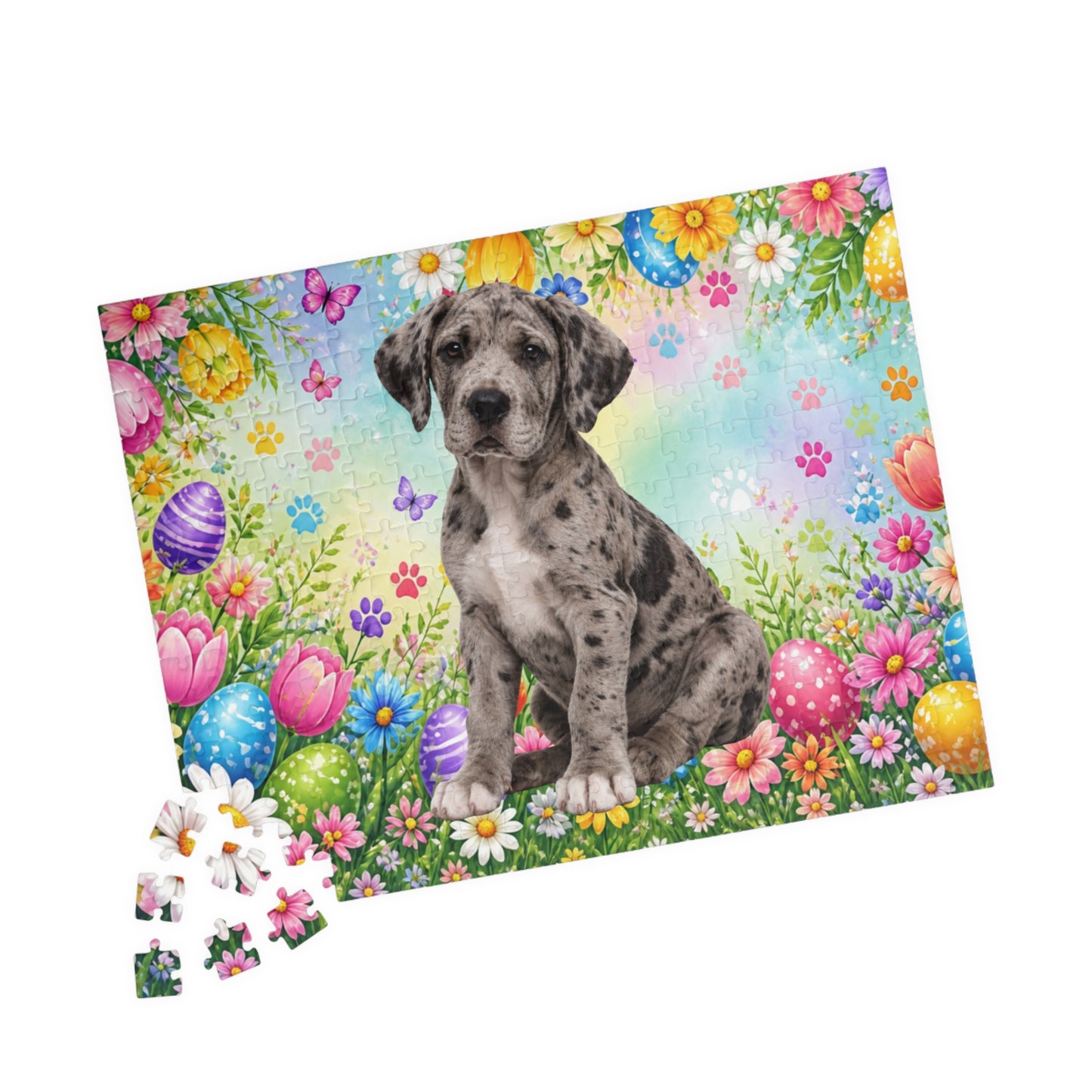 Great Dane (Merle) Easter Puppy Puzzle - Spring Garden with Eggs, Tulips, and Daisies