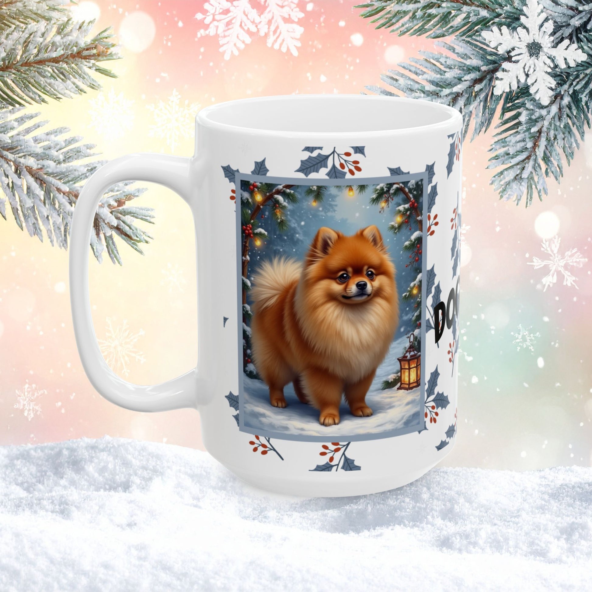 Pomeranian (Orange) Winter Mug - orange pomeranian artwork standing in a cozy winter setting with snow