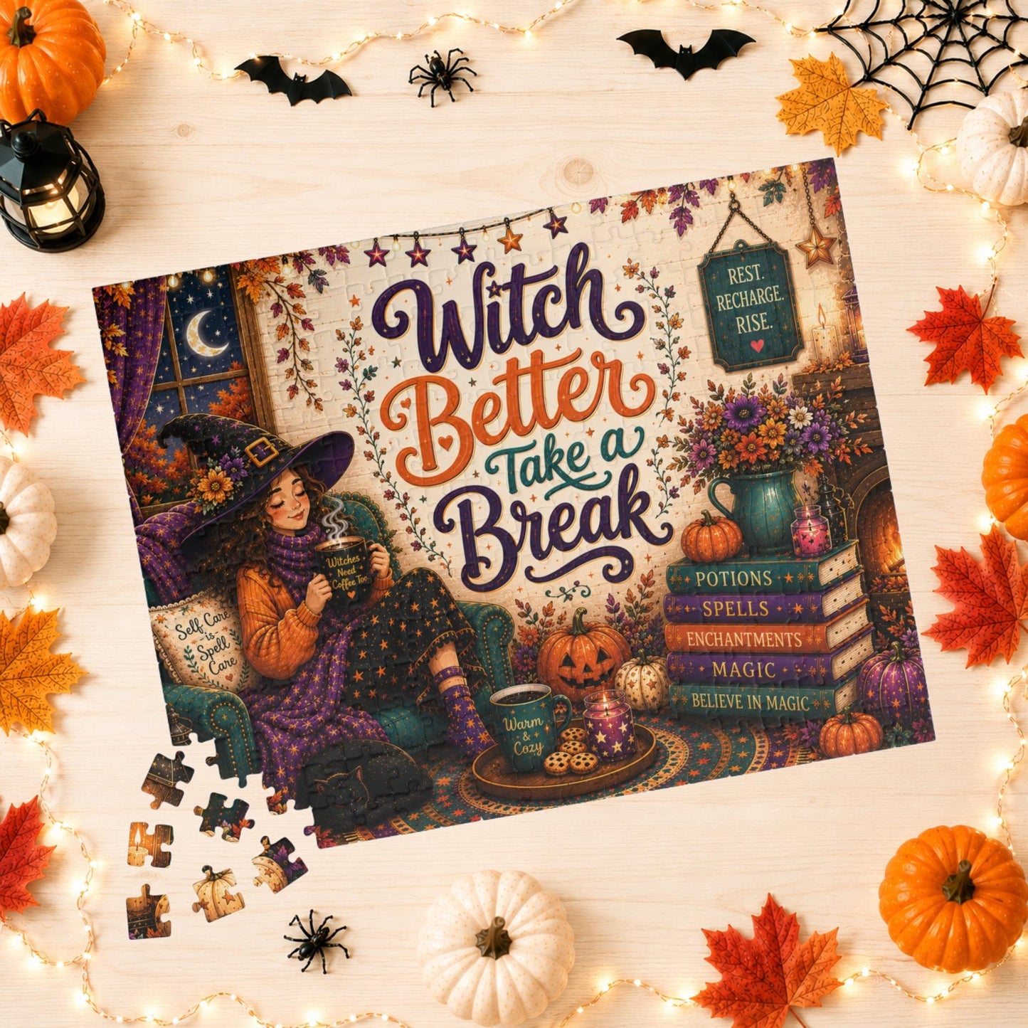 Witch Better Take a Break Halloween Puzzle - Witch in Armchair with Self Care is a Spell Pillow and Magic Books