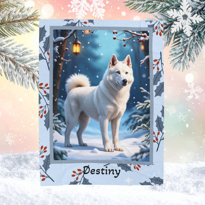 Husky White custom winter blanket showing a white Husky in a bright cheerful lodge winter illustration