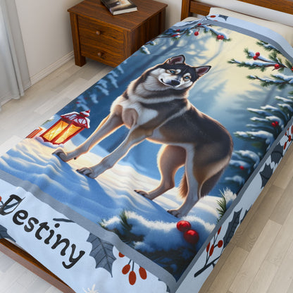 Husky Wolf Grey personalized winter throw featuring a wolf-grey Husky in a cozy illustrated lodge scene
