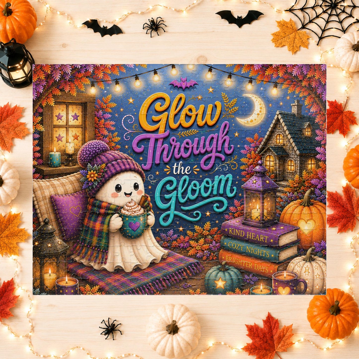 Glow Through the Gloom Halloween Puzzle - Cozy Ghost with Heart Mug, Kind Heart Books, and Cottage