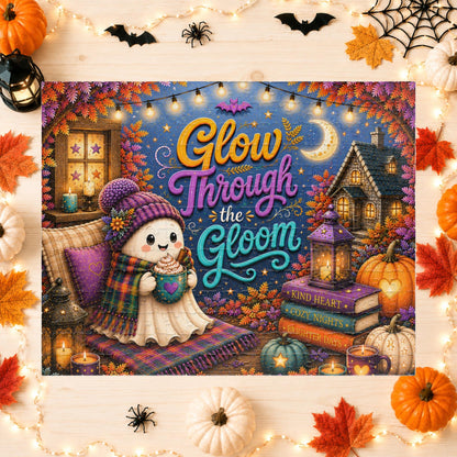 Glow Through the Gloom Halloween Puzzle - Cozy Ghost with Heart Mug, Kind Heart Books, and Cottage