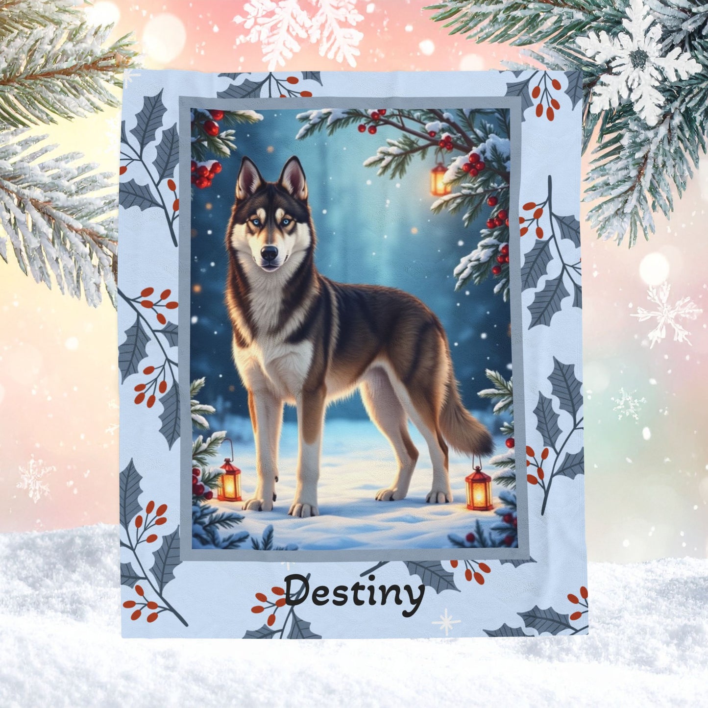 Husky Agouti and White custom winter blanket featuring an Arctic Husky in a bright cozy lodge-style scene