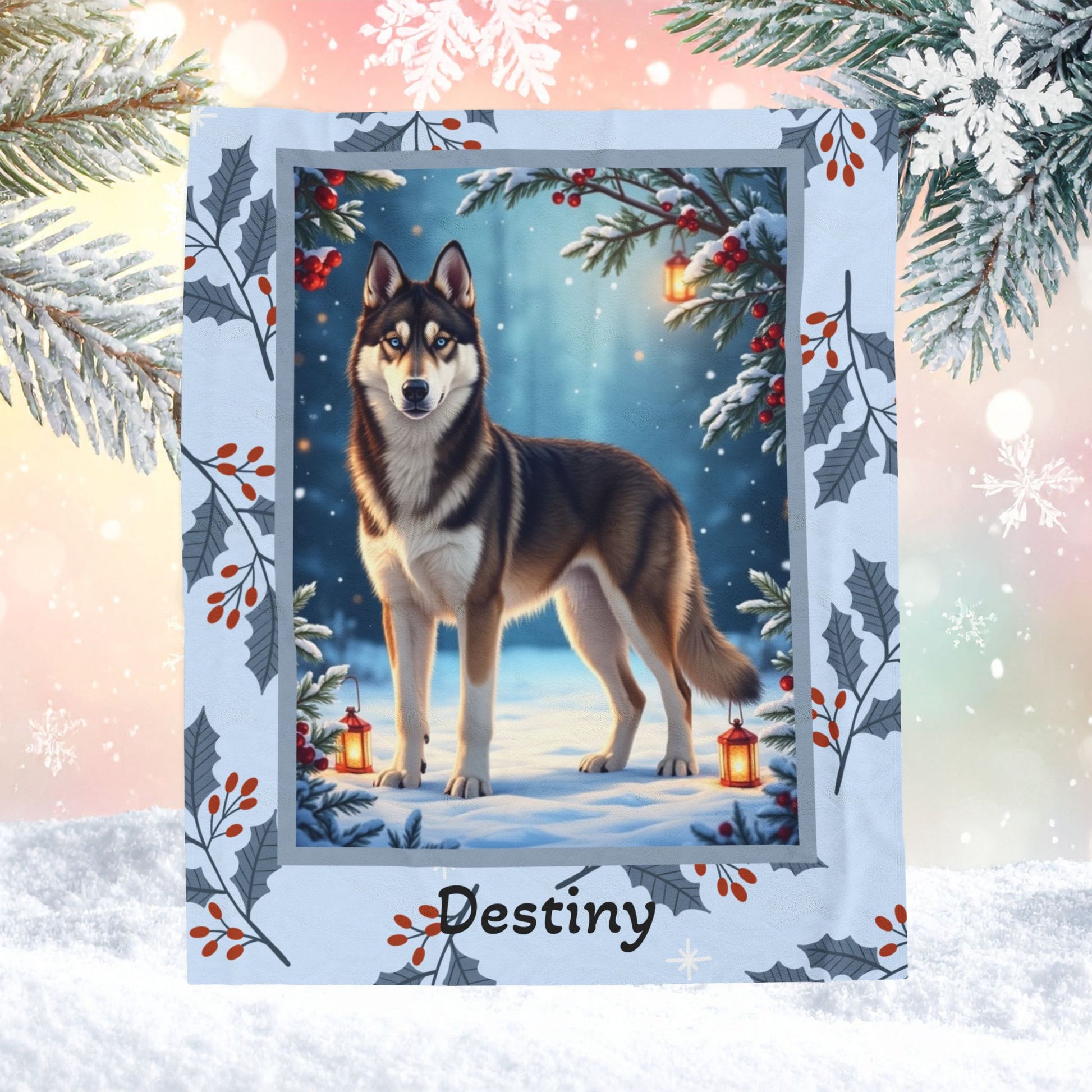 Husky Agouti and White custom winter blanket featuring an Arctic Husky in a bright cozy lodge-style scene