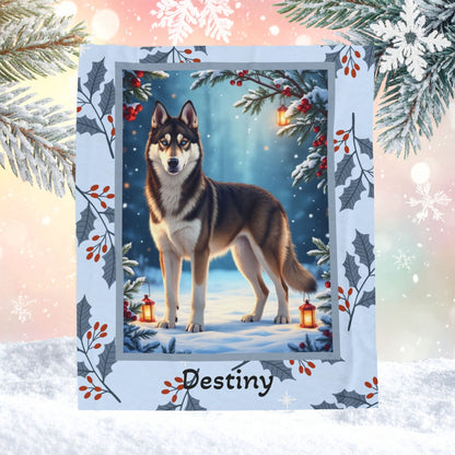 Husky Agouti and White custom winter blanket featuring an Arctic Husky in a bright cozy lodge-style scene