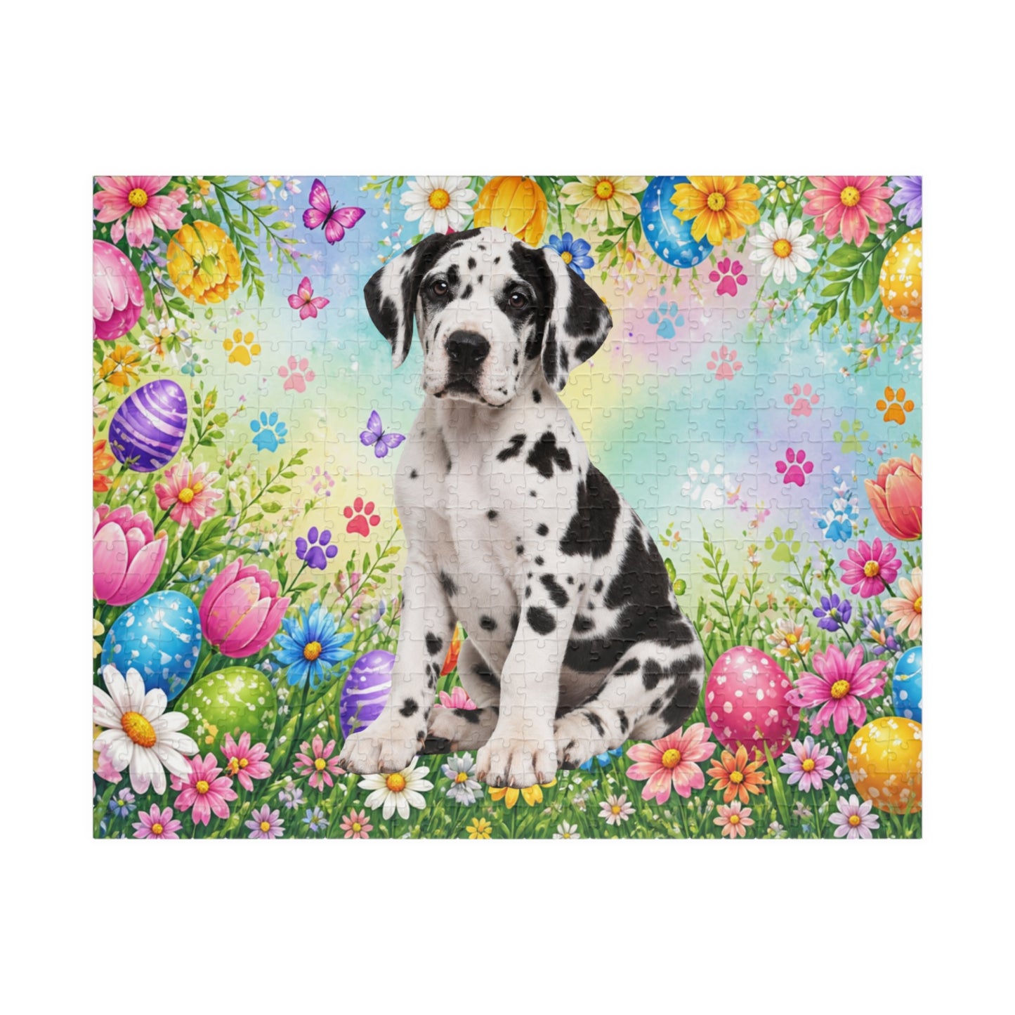 Great Dane (Harlequin) Easter Puppy Puzzle - Spring Garden with Eggs, Tulips, and Daisies
