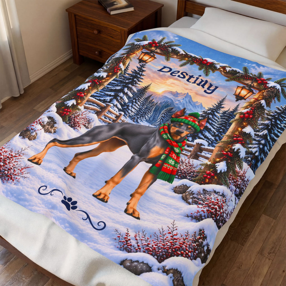 Doberman (Blue & Rust Coat) - Personalized Winter Blanket, Snowy Mountain Velveteen Throw