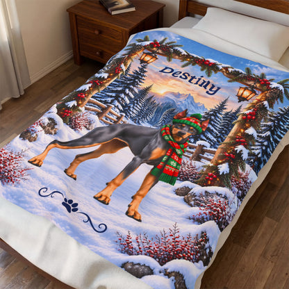 Doberman (Blue & Rust Coat) - Personalized Winter Blanket, Snowy Mountain Velveteen Throw