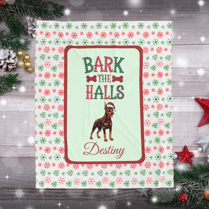 Doberman Pinscher (Red & Rust) Personalized Velveteen Plush Blanket - "Bark The Halls" | Cozy Holiday Gift for Dog Lovers
