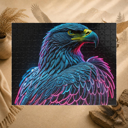 Wings of Resilience - Neon Eagle Portrait Puzzle with Teal Feathers and Pink Neon Outlines on Black