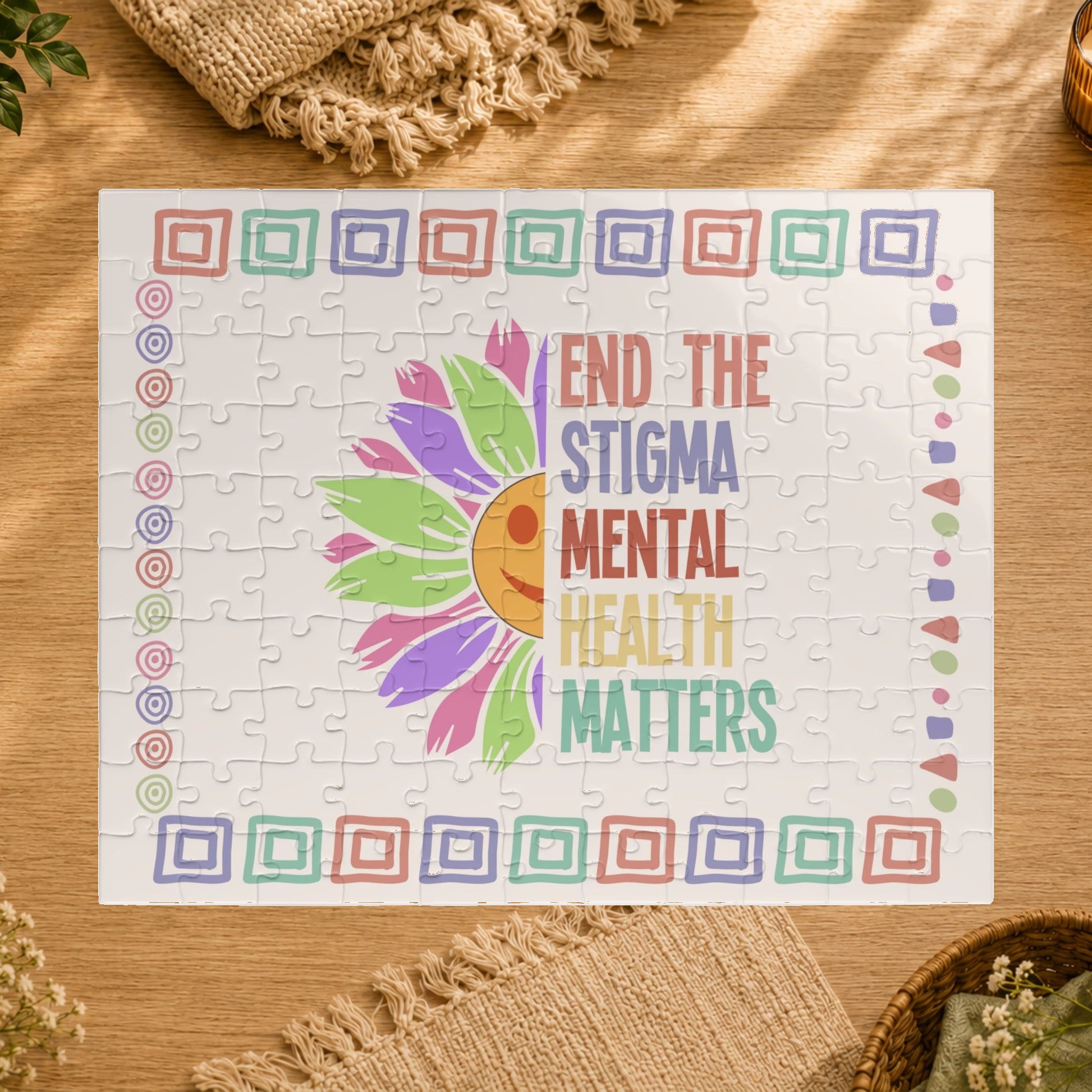 Jigsaw puzzle with a colorful design and text 'End the Stigma Mental Health Matters' on a white background