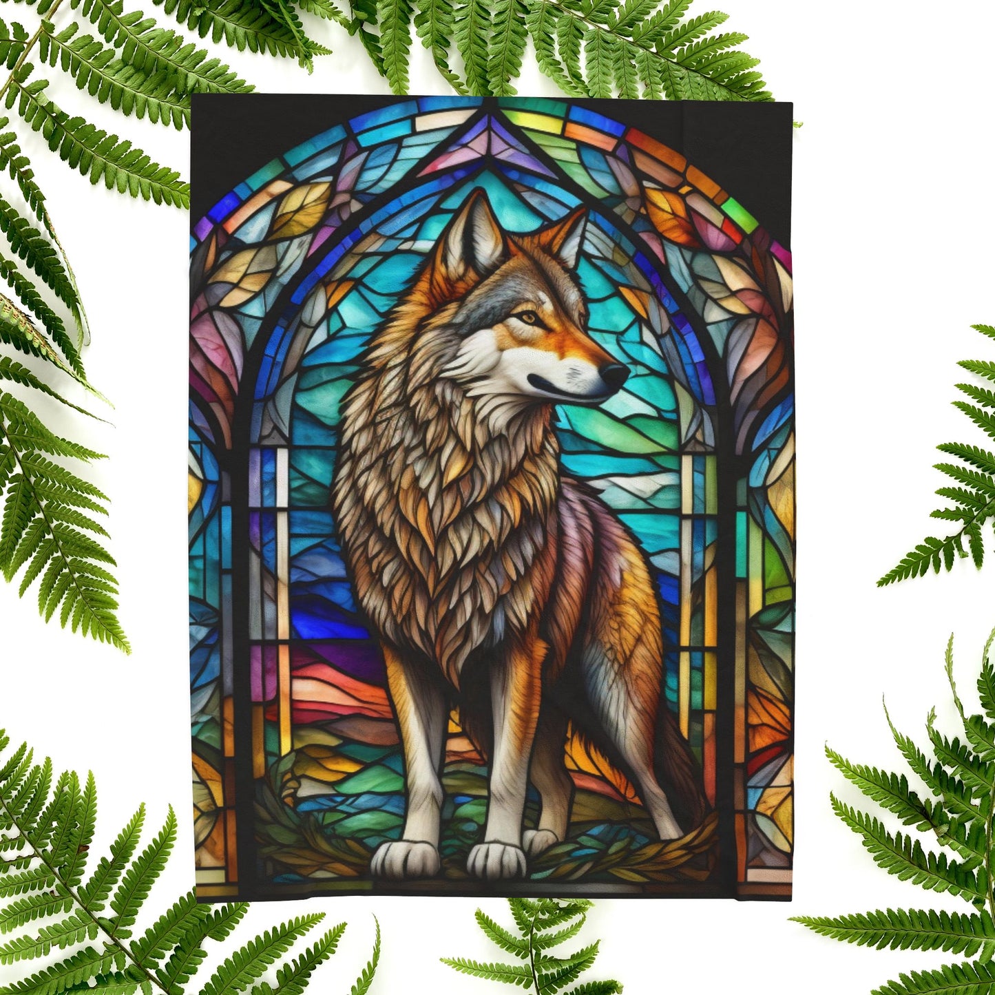 A mystical wolf blanket featuring stained glass-style artwork for serenity and warmth.