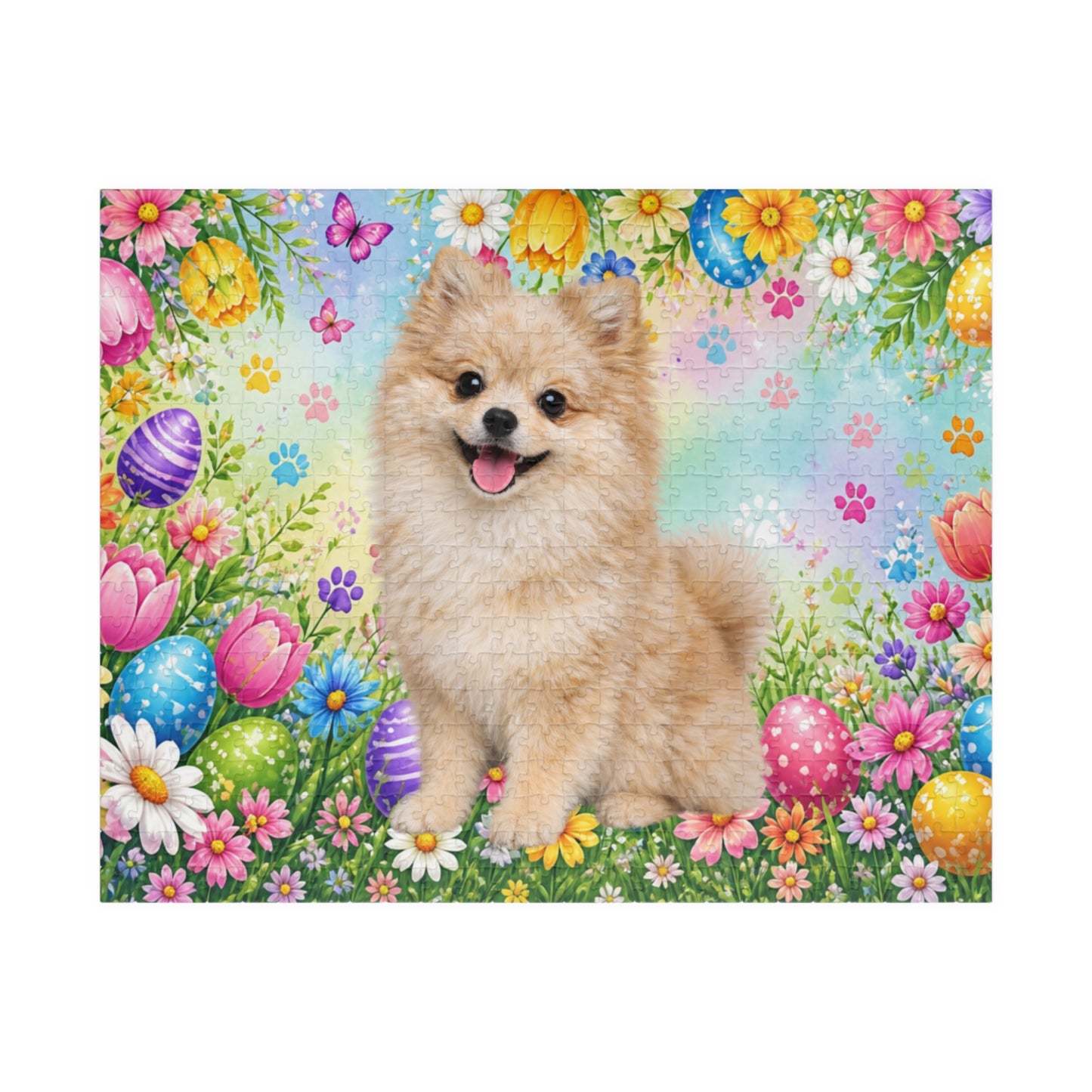 Pomeranian (Cream Merle) Easter Puppy Puzzle - Spring Garden with Eggs, Tulips, and Daisies