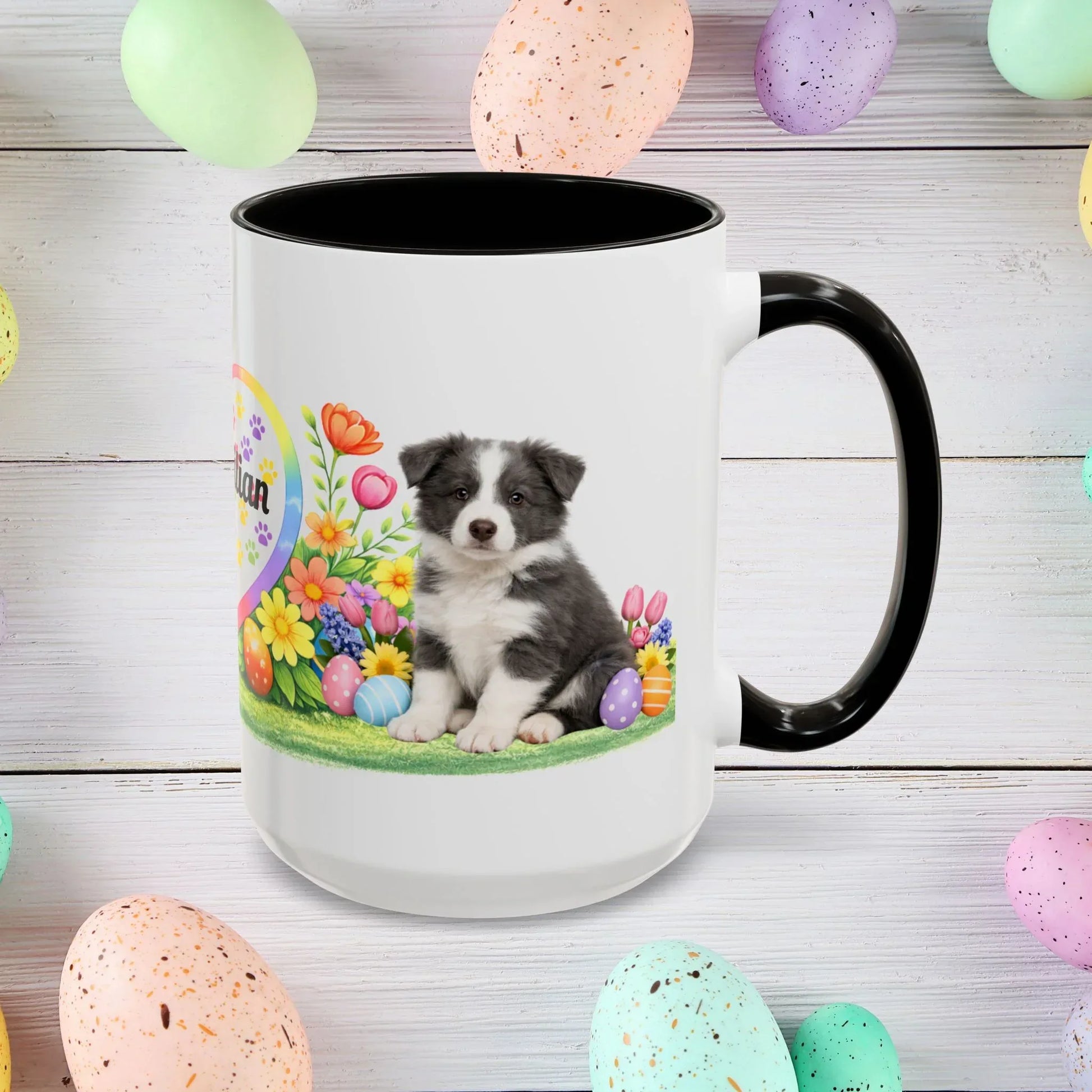 Shop our border collie blue white puppy easter mug featuring the 15oz style option from MySisterIsASurvivor.