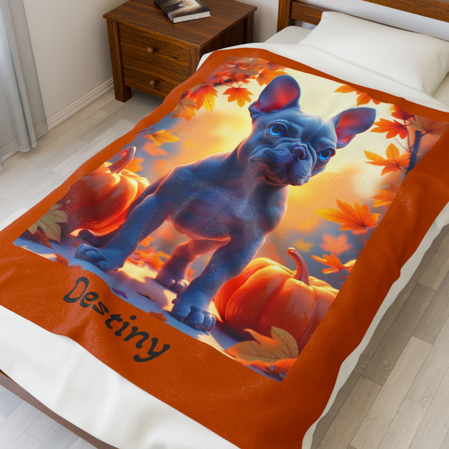 Blue French Bulldog velveteen plush blanket, cozy custom dog throw for Frenchie lovers - MySisterIsASurvivor