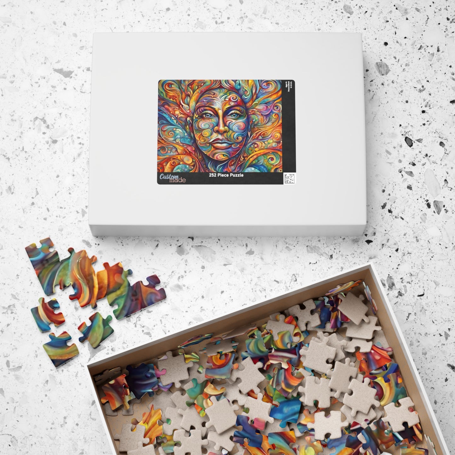 Therapeutic Canvas - Psychedelic Face-as-Canvas Puzzle with Swirling Spirals in Teal, Orange, and Purple