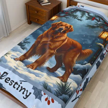 Golden Retriever Dark Golden custom winter blanket showing a loyal retriever in a bright illustrated lodge scene