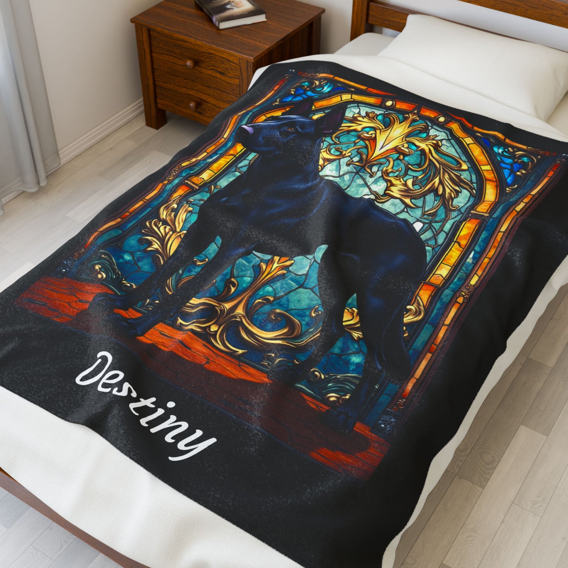 Belgian Malinois black velveteen blanket, custom stained glass dog throw, personalized pet lover gift - MySisterIsASurvivor