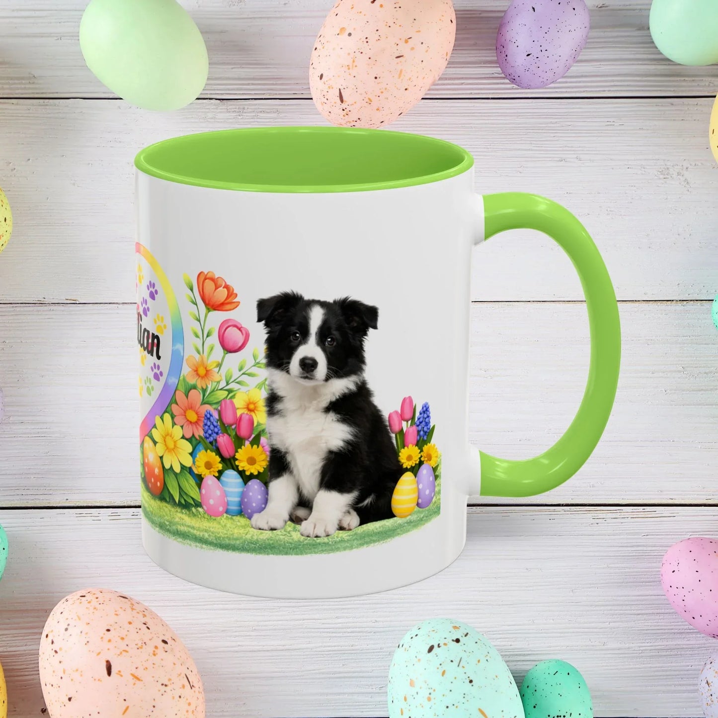 Shop our border collie black white puppy easter mug featuring the 11oz style option from MySisterIsASurvivor.