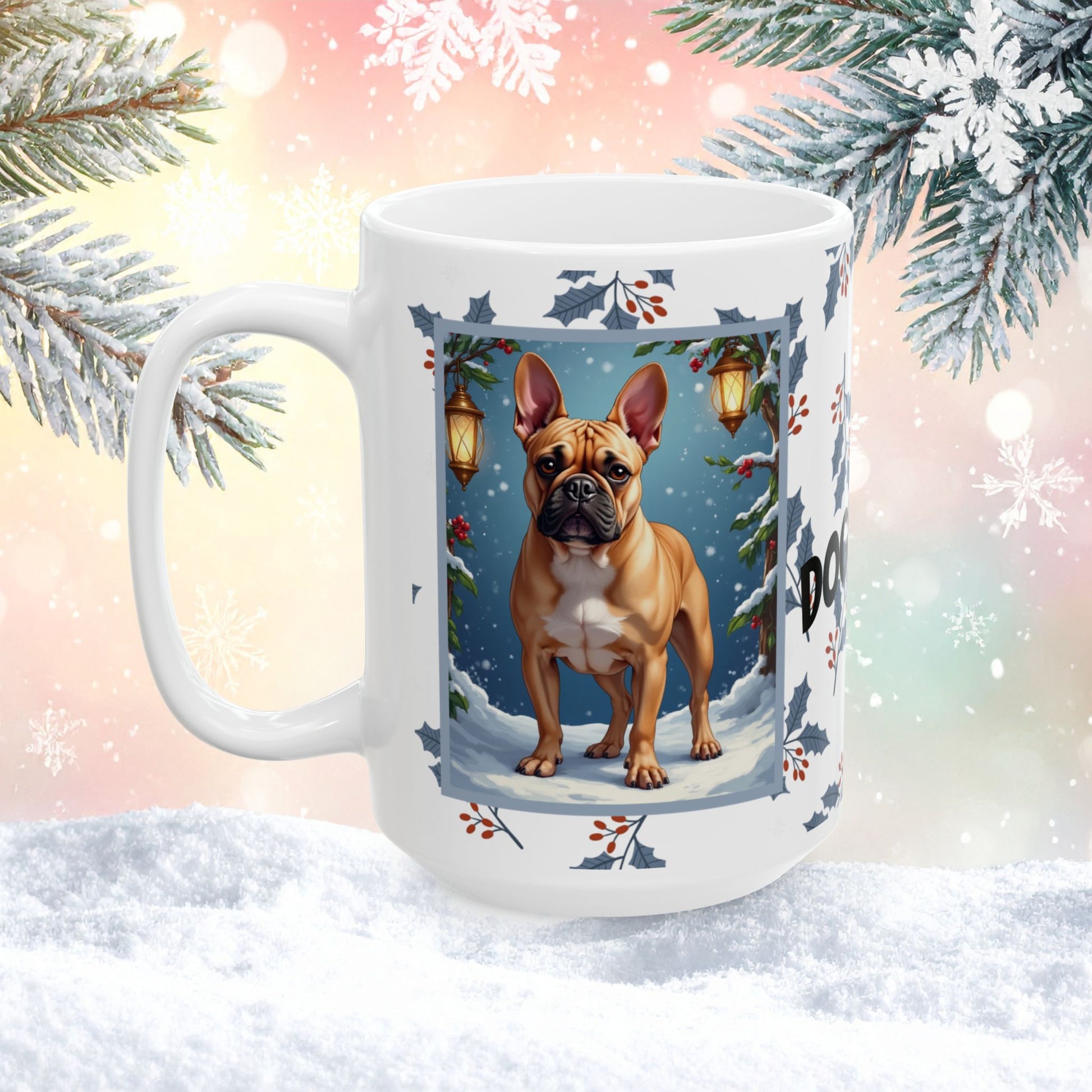 French Bulldog (Fawn) Winter Mug - fawn French Bulldog illustrated standing in a festive winter scene with pine branches