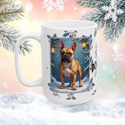 French Bulldog (Fawn) Winter Mug - fawn French Bulldog illustrated standing in a festive winter scene with pine branches
