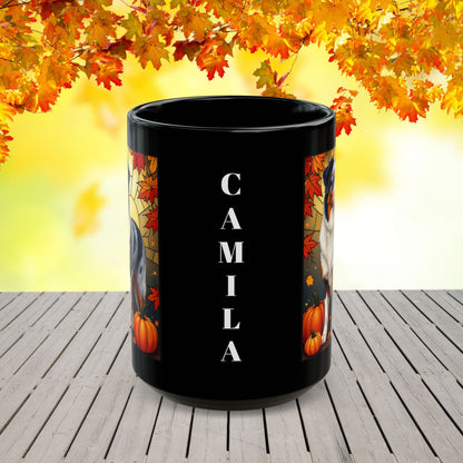 Australian Shepherd Blue Merle - Autumn black mug, personalized Aussie dog coffee cup for pet lovers
