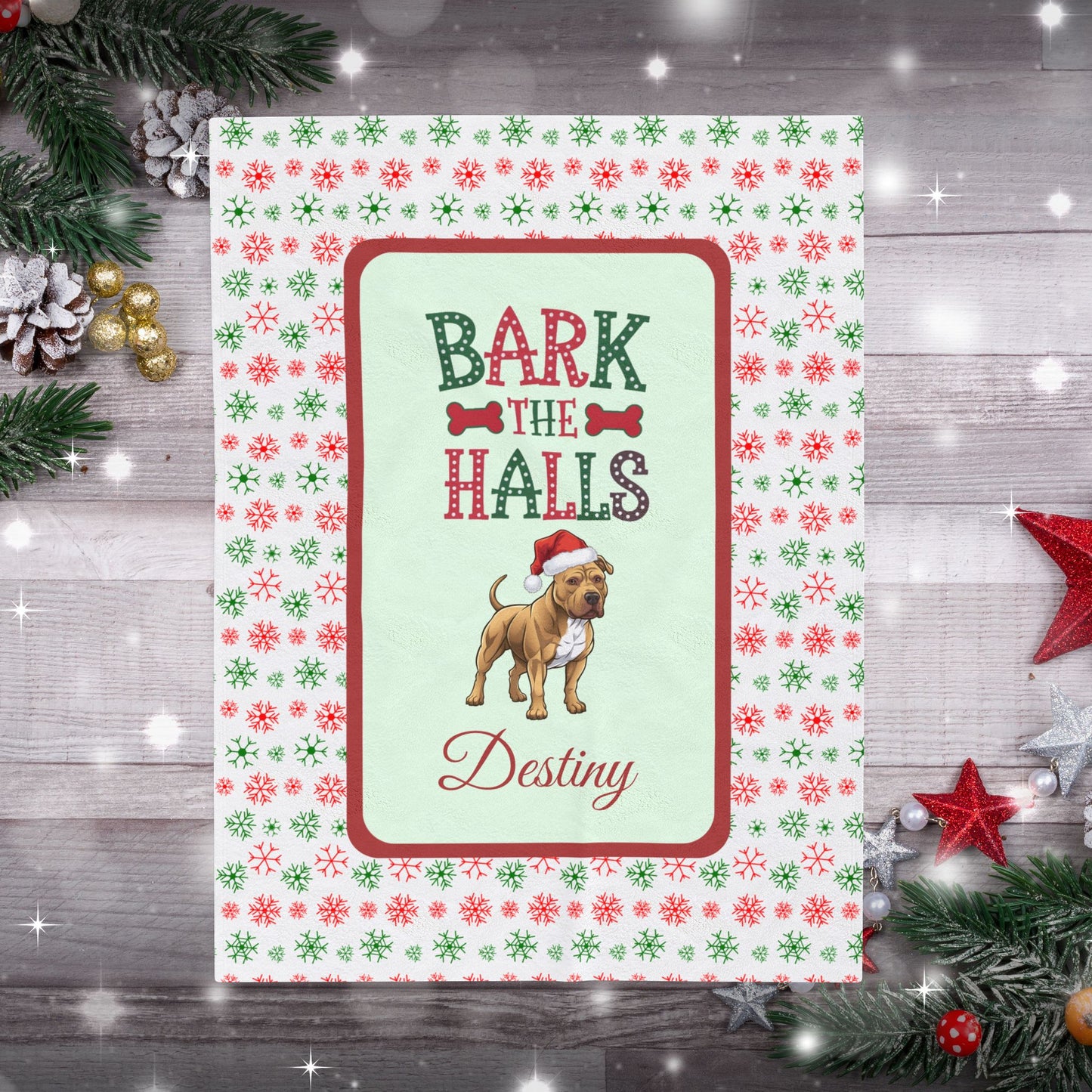 Pitbull (Buckskin) Personalized Velveteen Plush Blanket - "Bark The Halls" | Cozy Holiday Gift for Dog Lovers