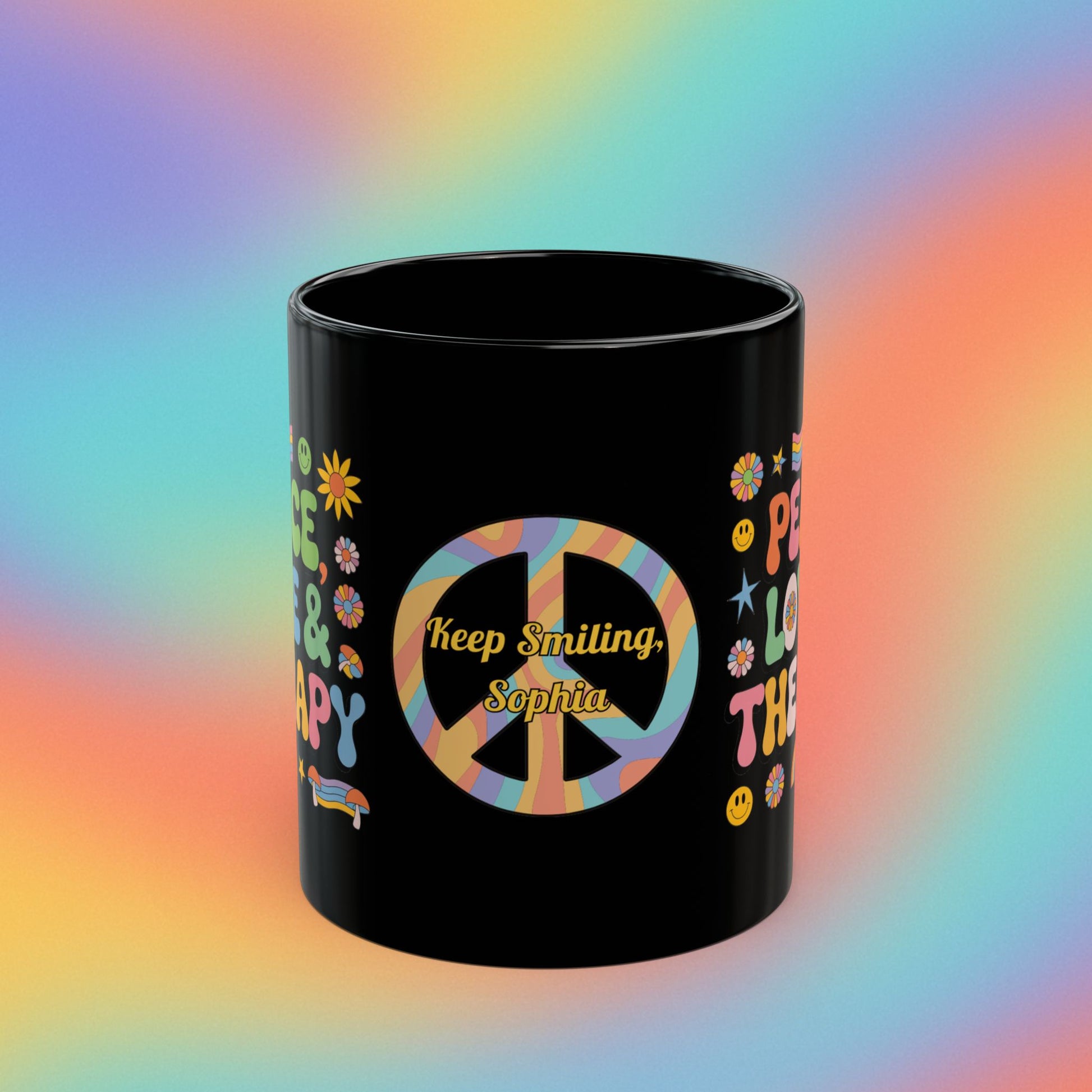 Peace, Love & Therapy retro 70s coffee mug, custom mental health self-care affirmation gift - MySisterIsASurvivor