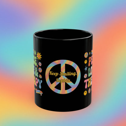 Peace, Love & Therapy retro 70s coffee mug, custom mental health self-care affirmation gift - MySisterIsASurvivor