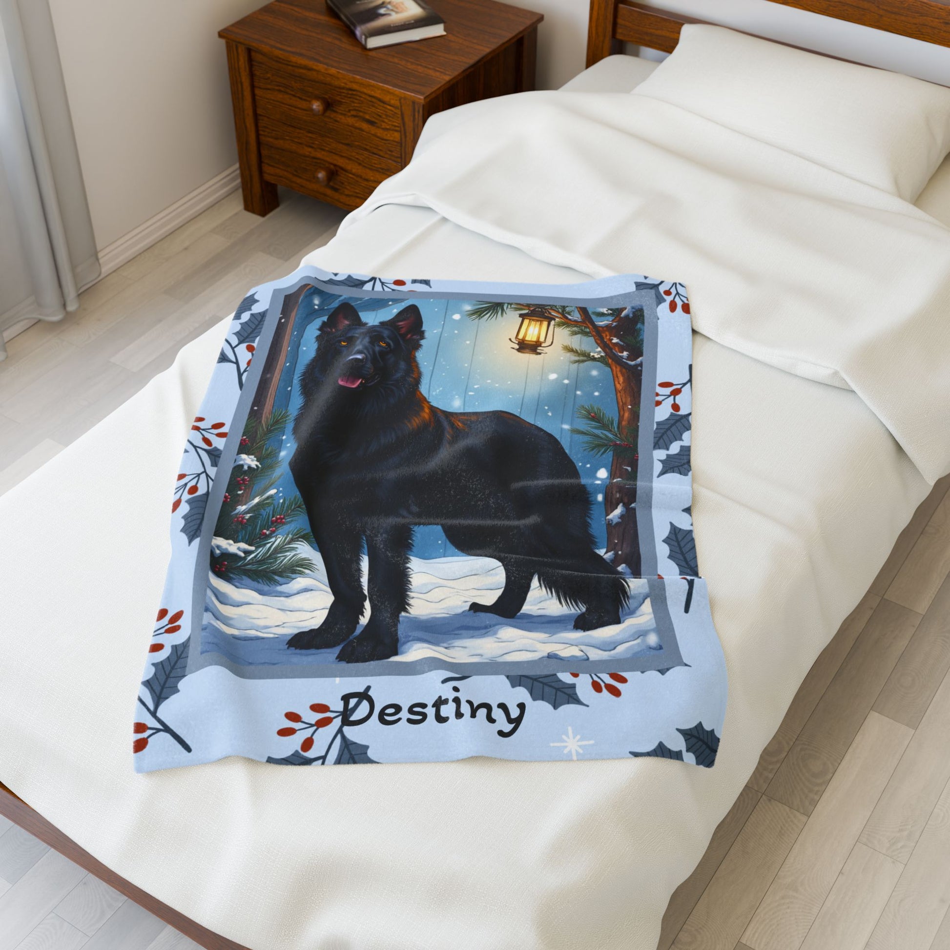 German Shepherd Black custom winter blanket with strong German Shepherd artwork in a cozy snowy lodge scene