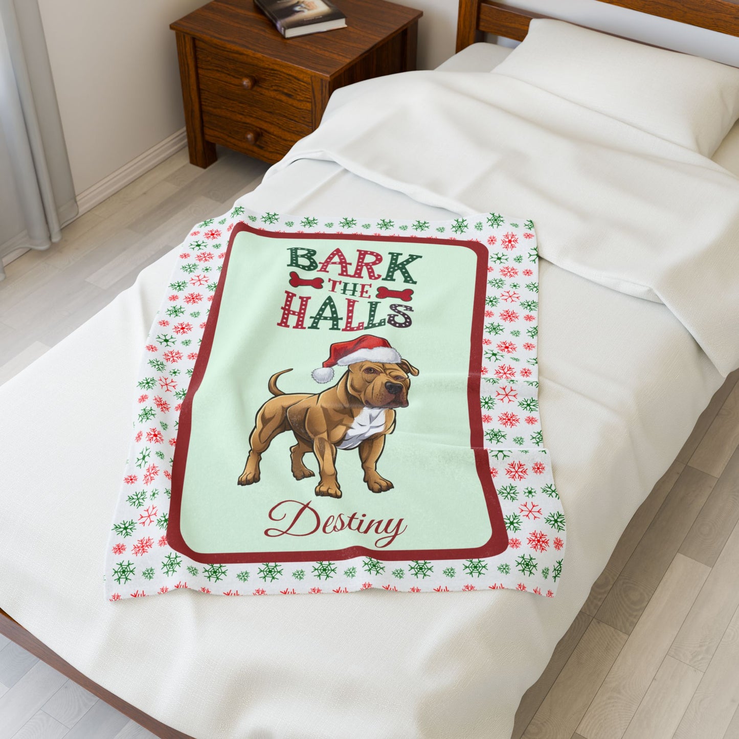 Pitbull (Buckskin) plush velveteen blanket personalized cozy Bark The Halls holiday throw gift for dog lovers