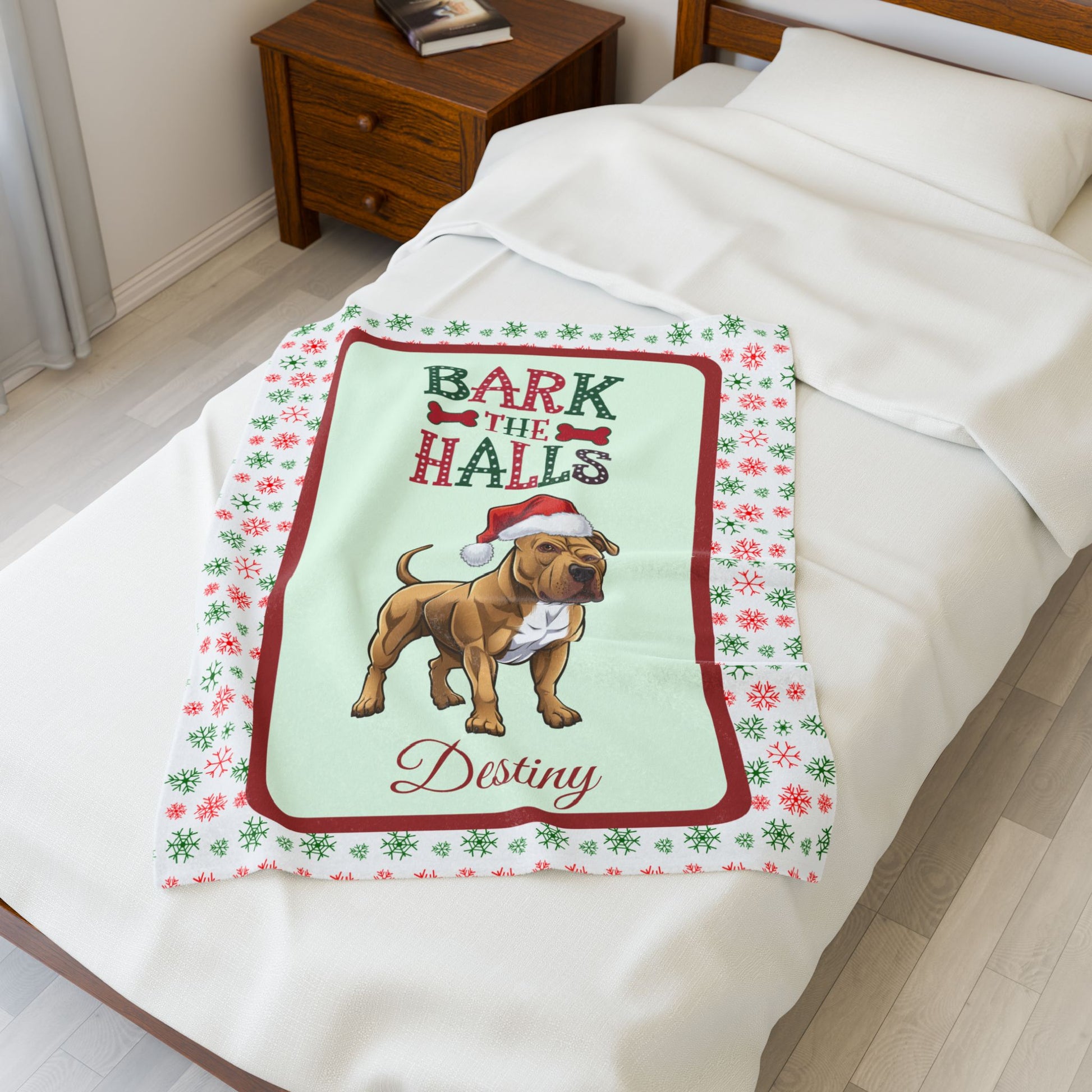 Pitbull (Buckskin) plush velveteen blanket personalized cozy Bark The Halls holiday throw gift for dog lovers