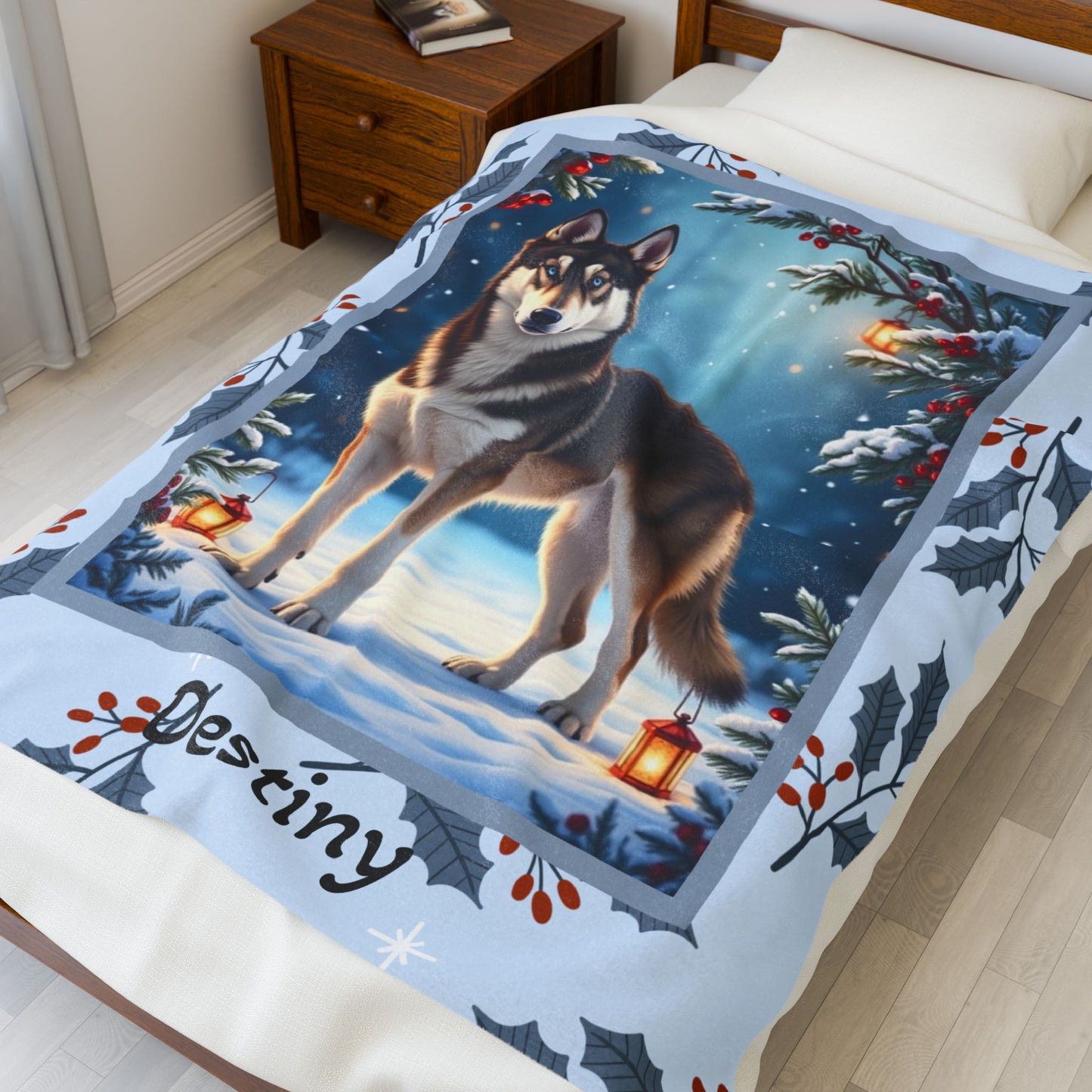 Husky Agouti and White custom winter blanket featuring an Arctic Husky in a bright cozy lodge-style scene