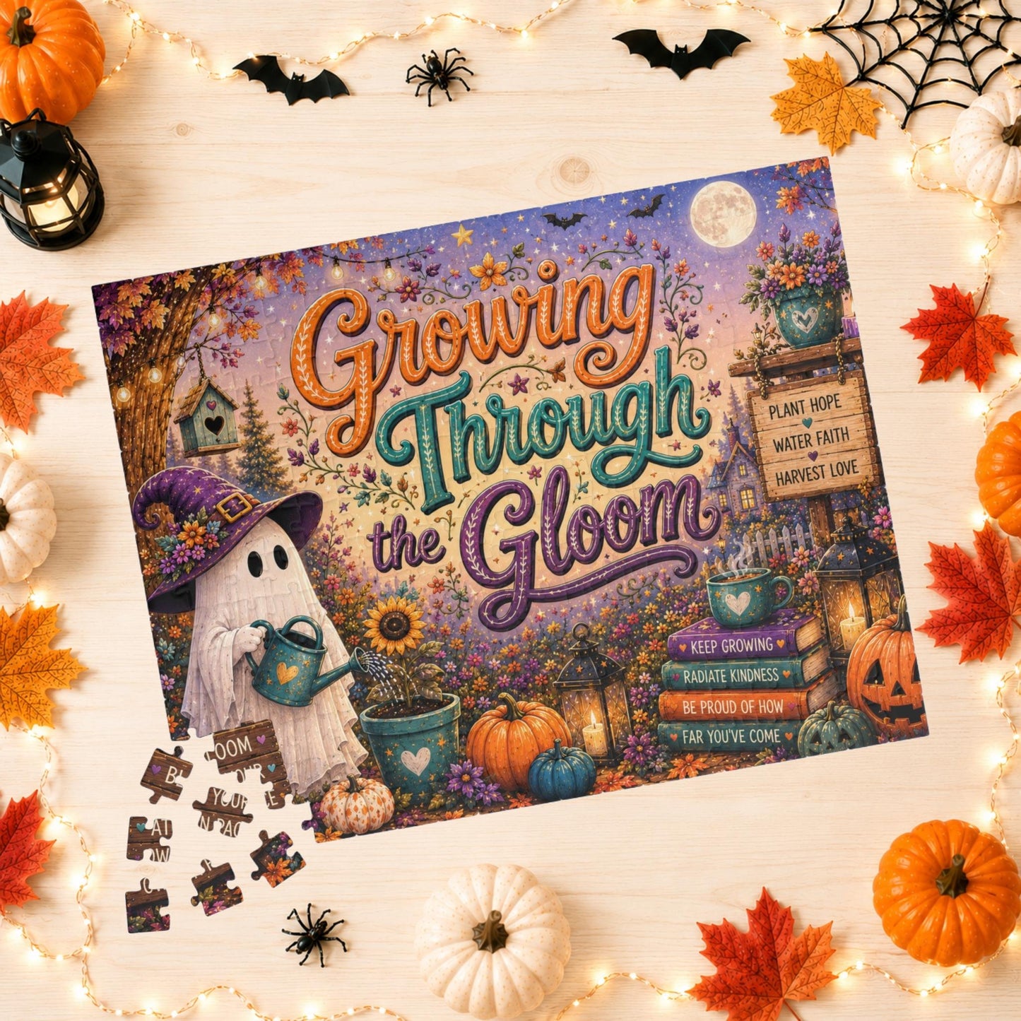Growing Through the Gloom Halloween Puzzle - Ghost Watering Heart Plant with Bloom at Your Own Pace Sign