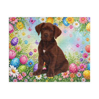 Great Dane (Chocolate) Easter Puppy Puzzle - Spring Garden with Eggs, Tulips, and Daisies