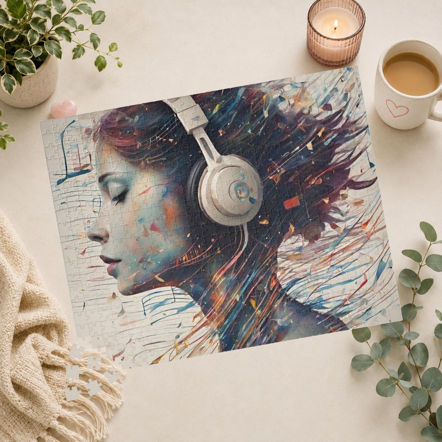 Music and Emotional Resonance - Woman with Headphones Puzzle with Colorful Music Notes and Paint Fragments