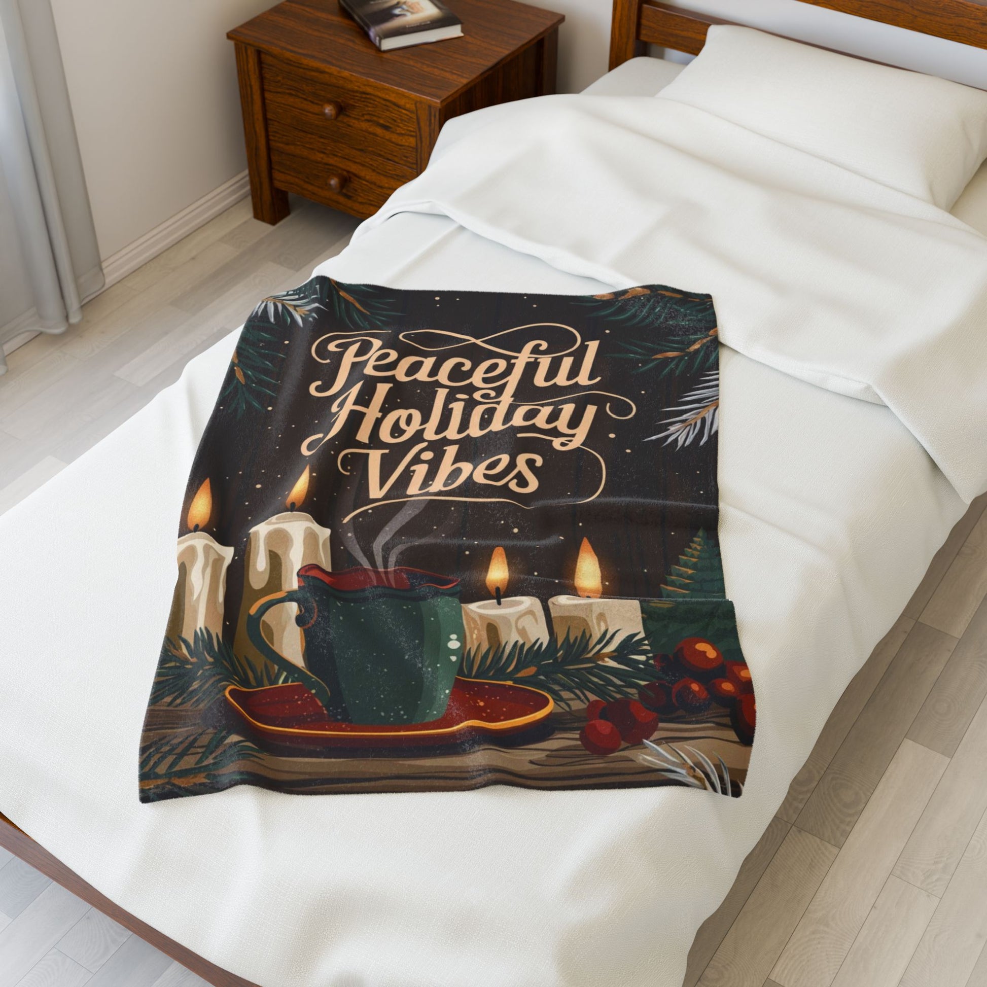 Holiday blanket “Peaceful Holiday Vibes” soft cozy Christmas throw for mindful winter comfort