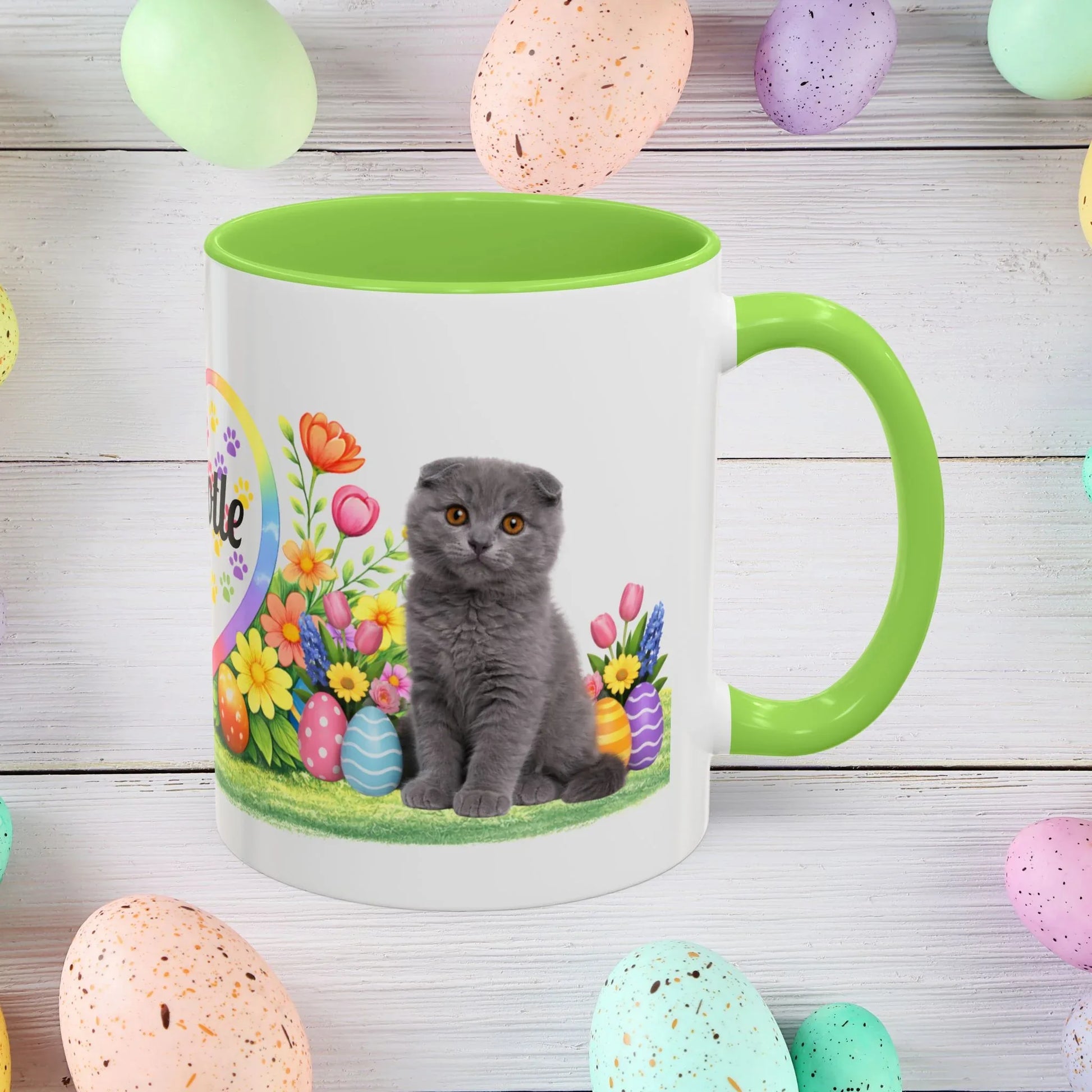 Shop our scottish fold kitten easter mug featuring the 11oz style option from MySisterIsASurvivor.