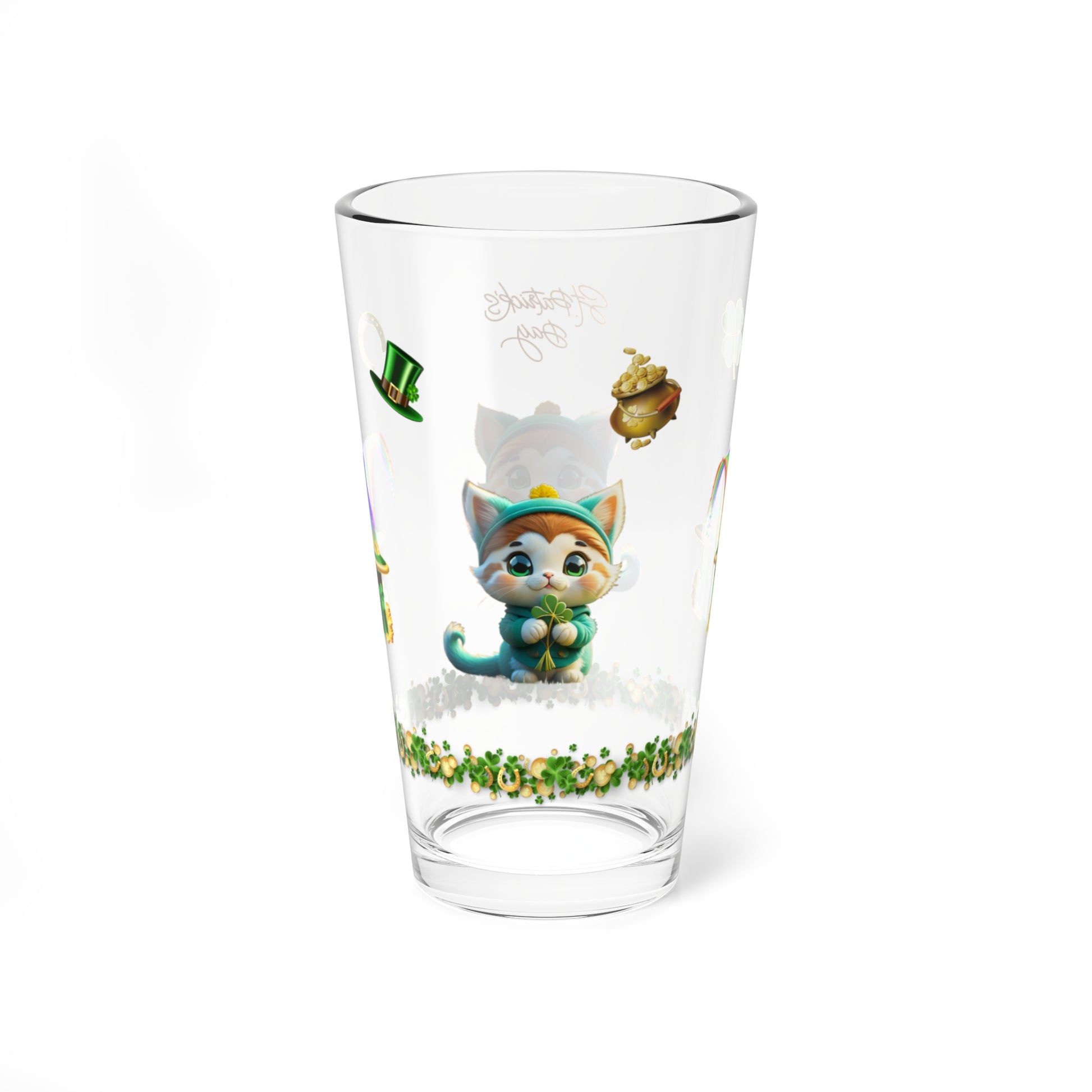Serene Shamrock Kitty: Mindful St. Patrick's Day 16oz Pint Glasses - Festive Design for Positivity & Wellness