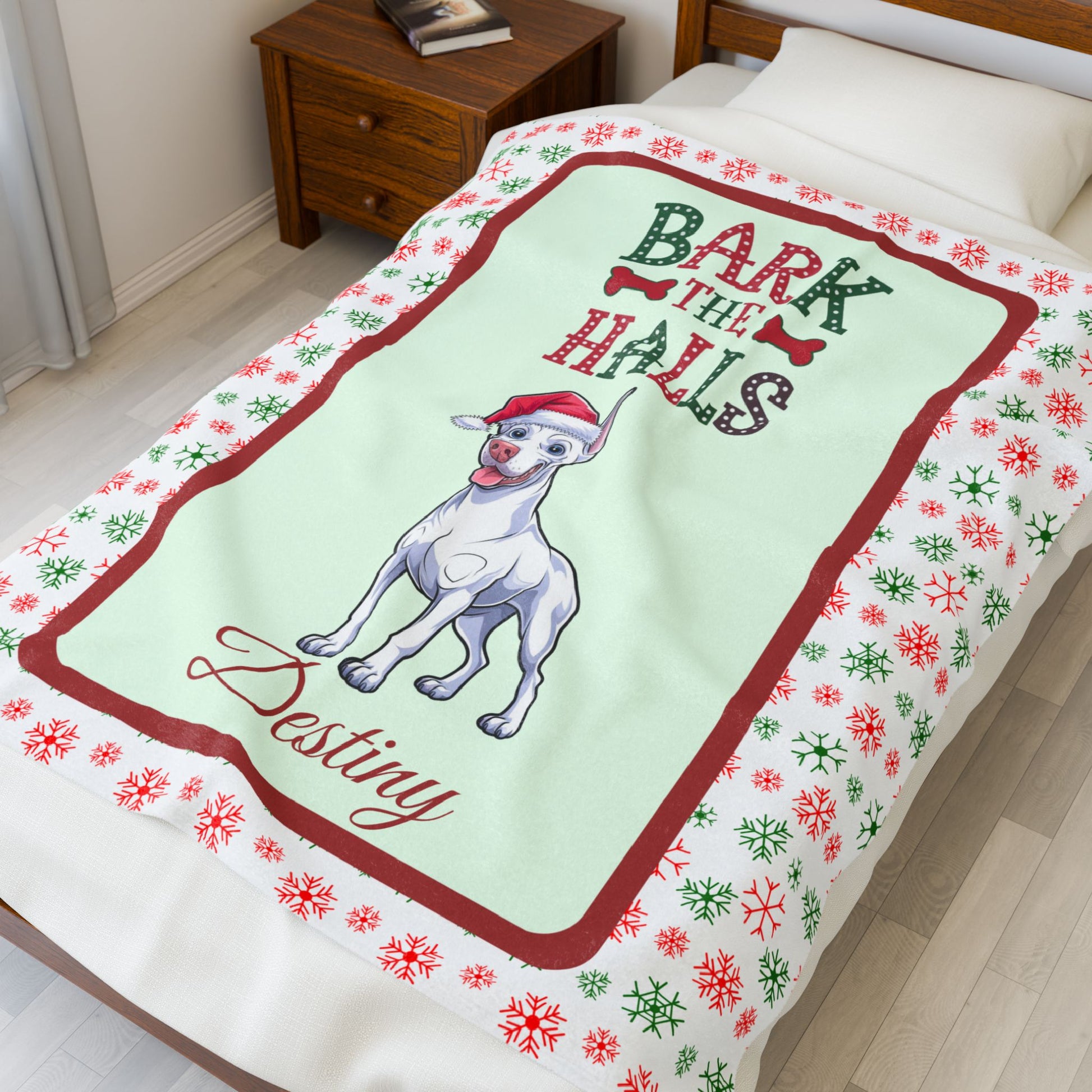 Doberman Pinscher (White) Velveteen Blanket - cozy Bark The Halls Christmas dog throw, personalized gift